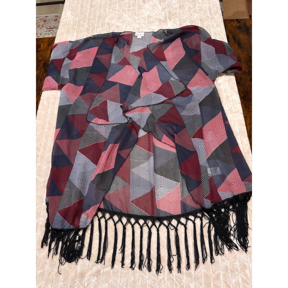 LuLaRoe Geometric Print Kimono Cardigan L Cover Up Fringe Bohemian Festival - Picture 10 of 12